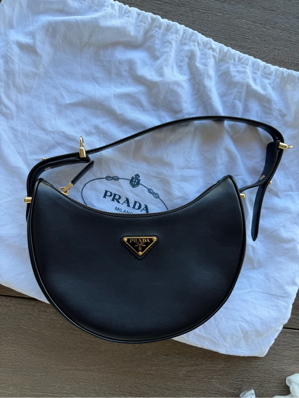 Prada Black Crescent Shoulder Bag with Gold Hardware